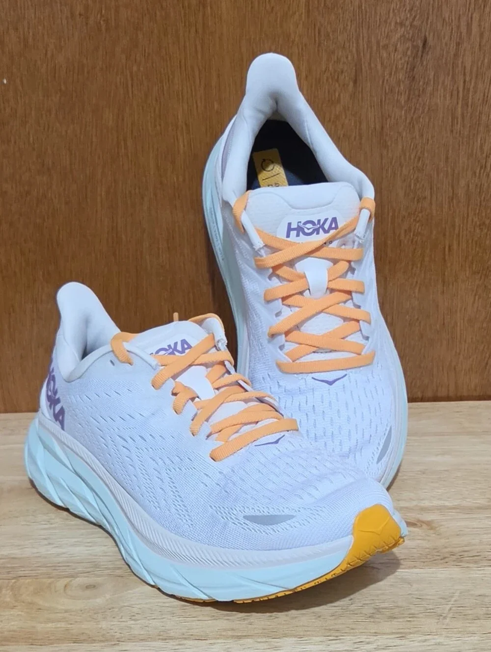 Hoka One One Clifton 8 Womens Mint Green Orange Athletic Running Shoes Size 8B
